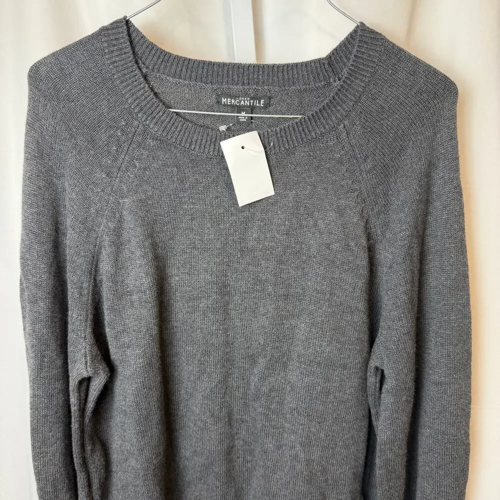 NWT J.Crew Mercantile Gray Sweater Ribbon Tie Sleeve Merino Wool Blend Size M